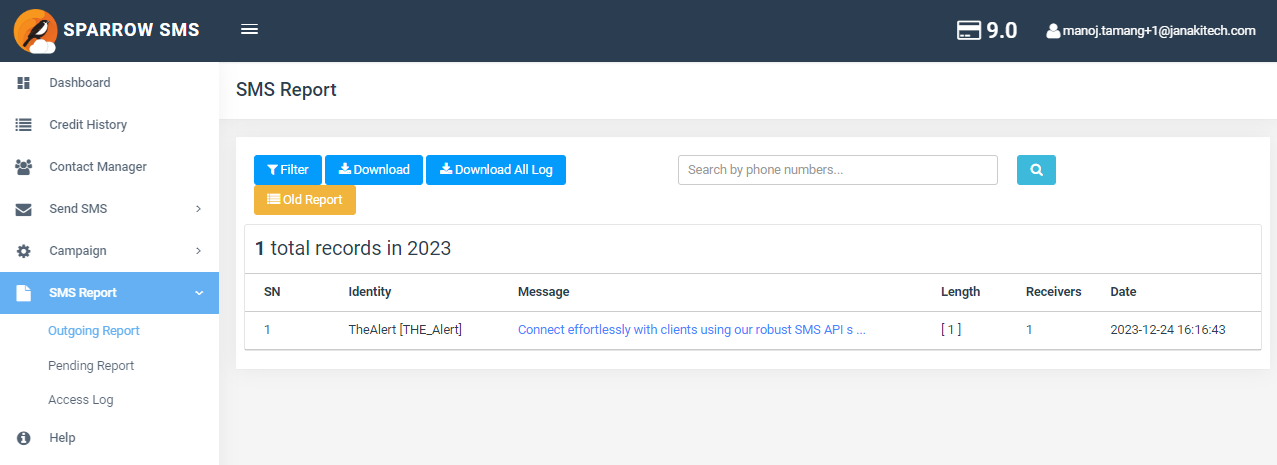 SMS Reporting in Sparrow SMS web portal